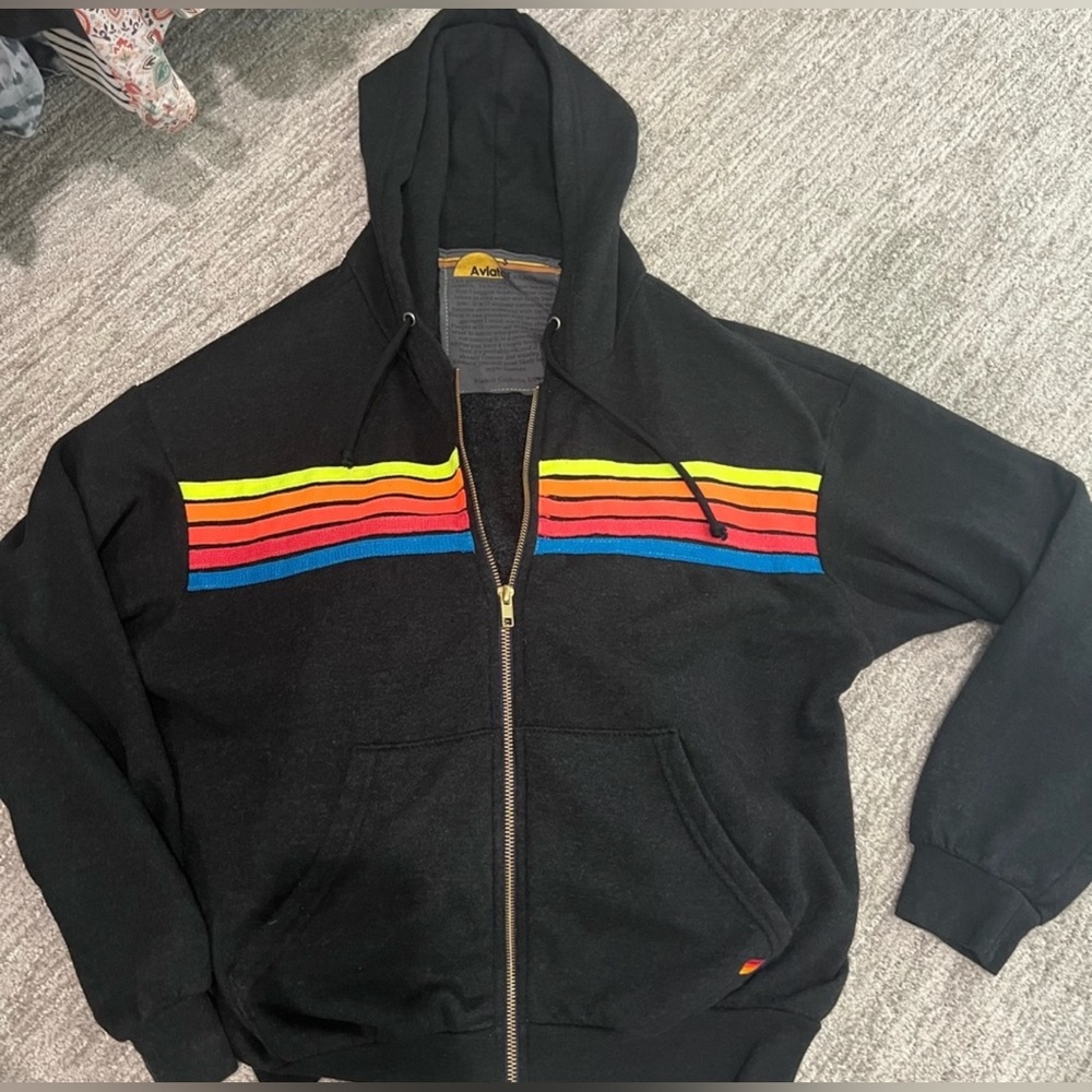 Aviator Nation 5 Stripe Full Zip Hoodie Jacket Black + Neon
